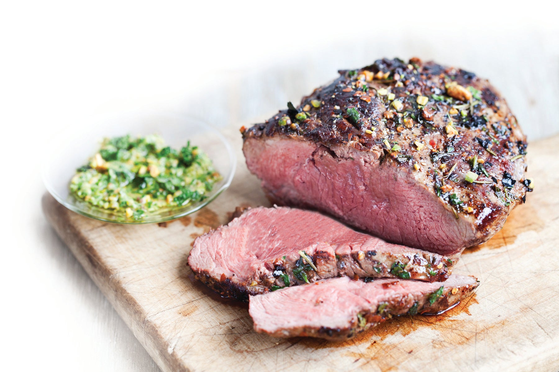 Grilled Butterflied Lamb Leg with Mint-Pistachio Pesto