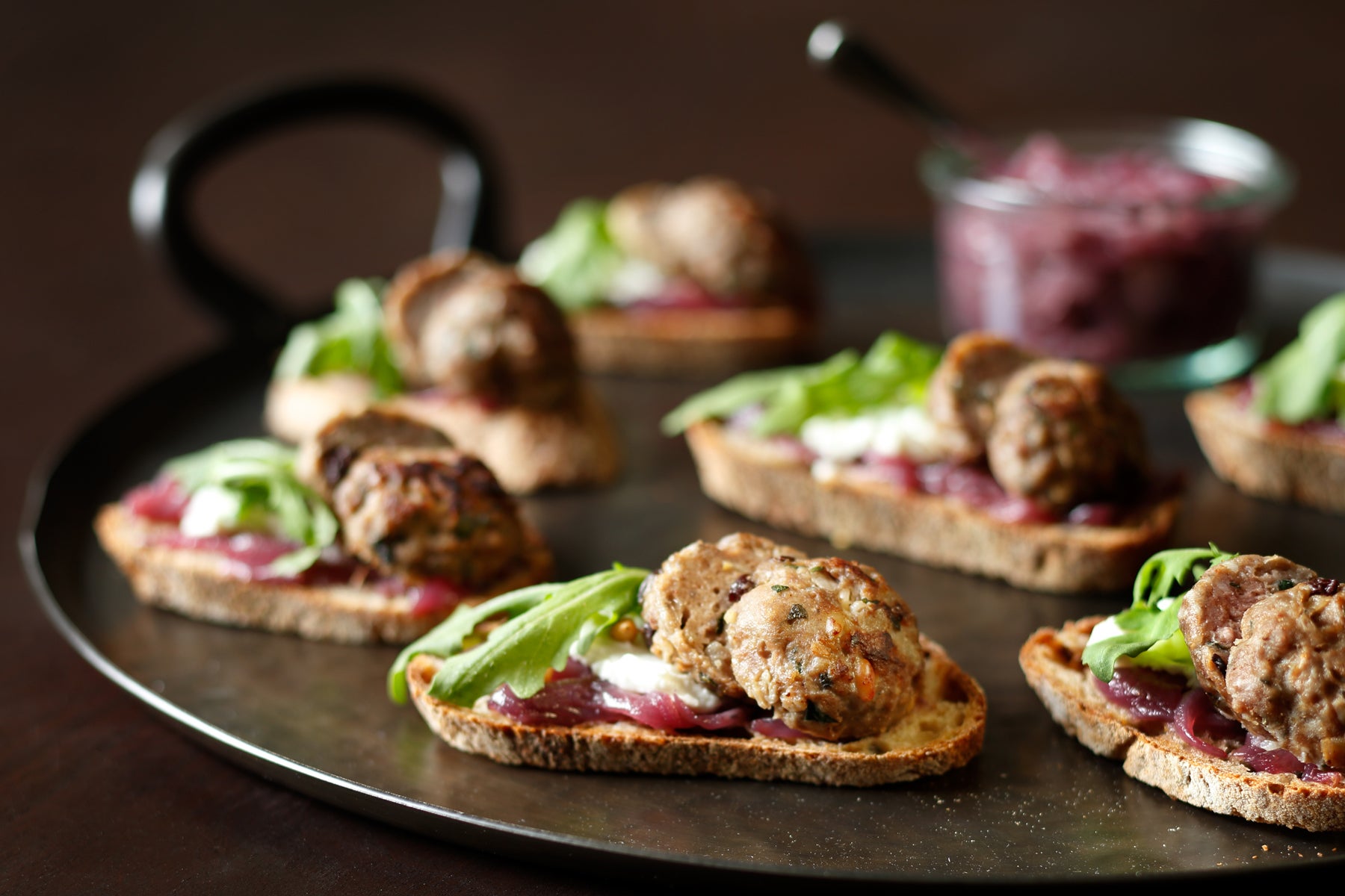 Lamb Meatball Tartines with Onion Jam